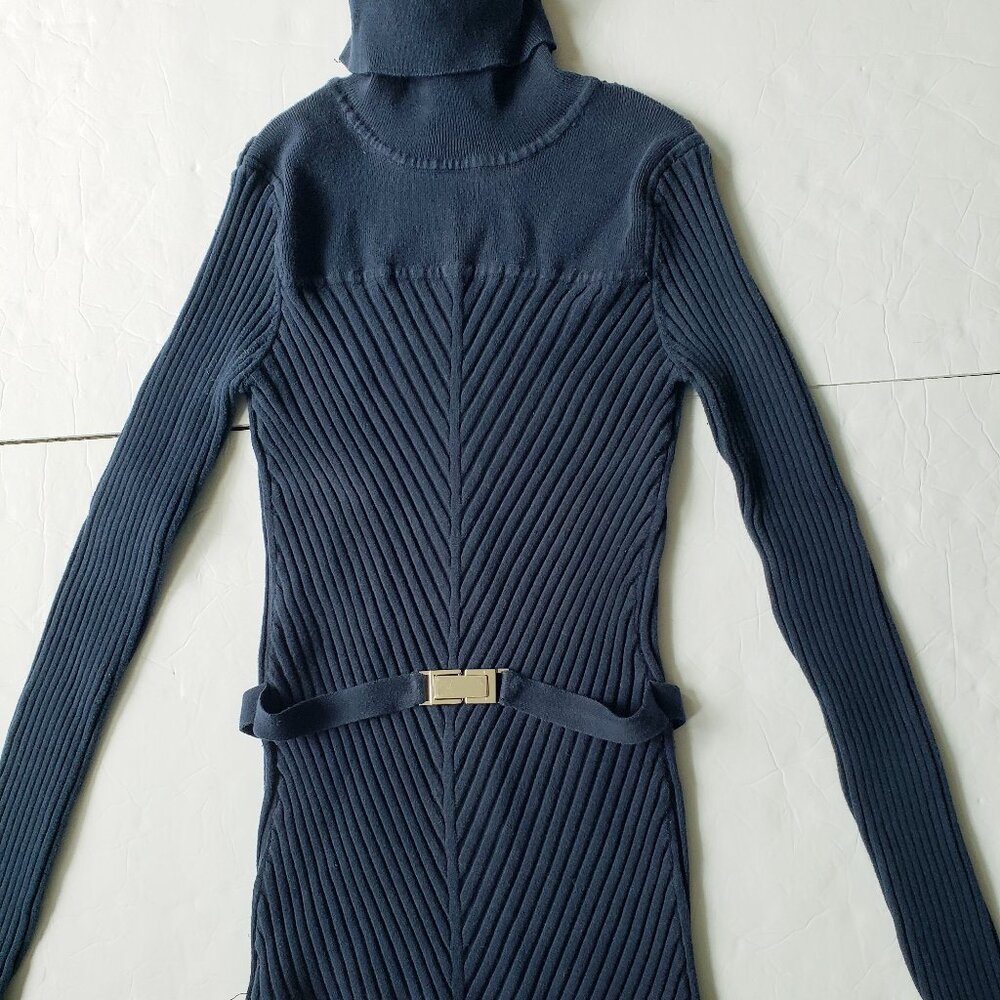 Tracy M Y2K Belted Buckle Rib Knit Cotton Blend Blue Turtleneck Sweater